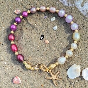 Freshwater Pearls Gold Starfish Charm Bracelet Purple Ombre, NEW Handmade